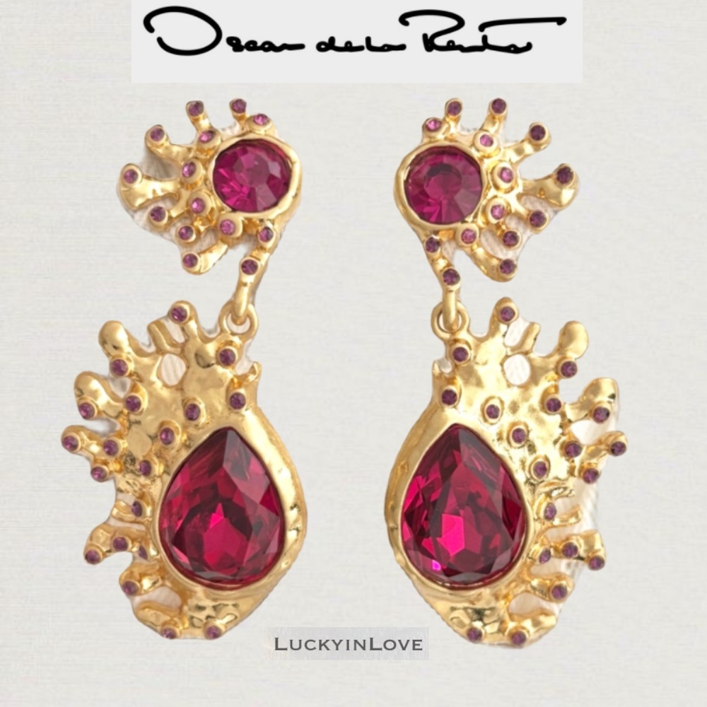 Oscar de la Renta • Gold Ruby Red Crystal Cactus
Drop Post Earrings